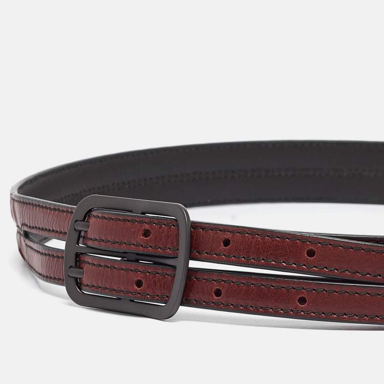 Pre Owned Bottega Veneta Burgundy Intrecciato Leather Double Strap Buckle Belt 75CM
