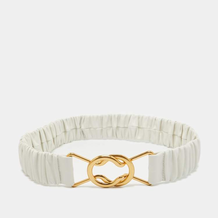 Pre Owned Bottega Veneta White Leather Ruched Clasp Waist Belt