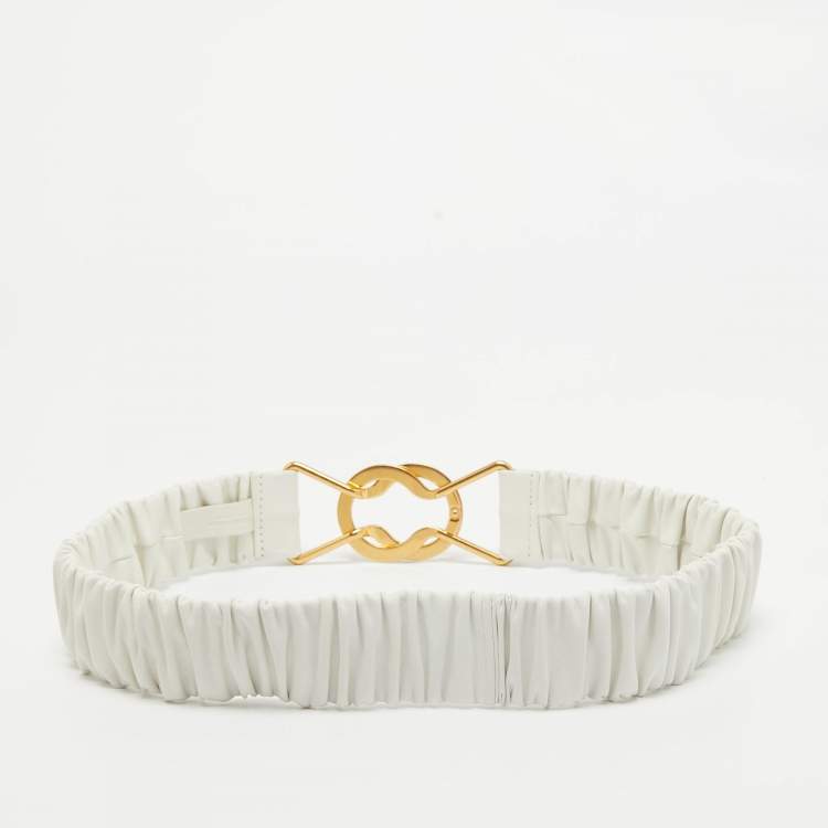 Pre Owned Bottega Veneta White Leather Ruched Clasp Waist Belt