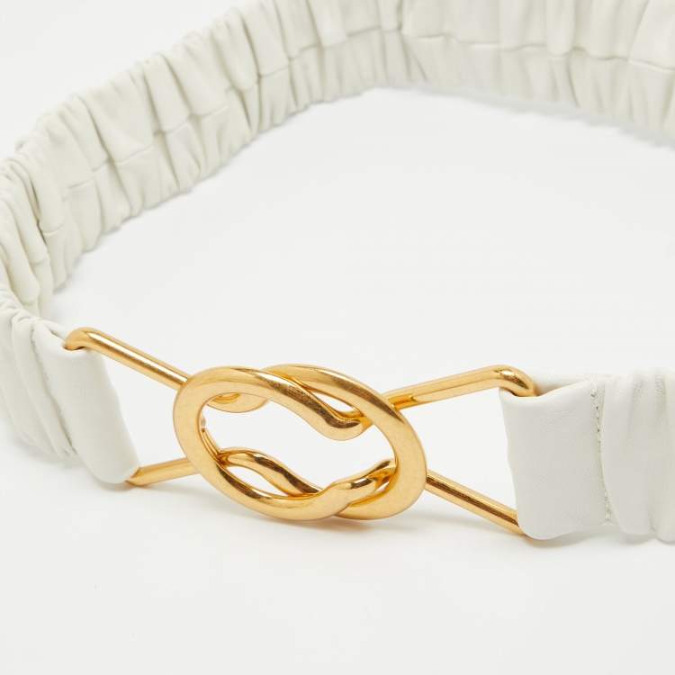 Pre Owned Bottega Veneta White Leather Ruched Clasp Waist Belt