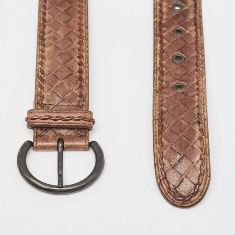 Pre Owned Bottega Veneta Brown Intrecciato Leather Buckle Belt 80 CM