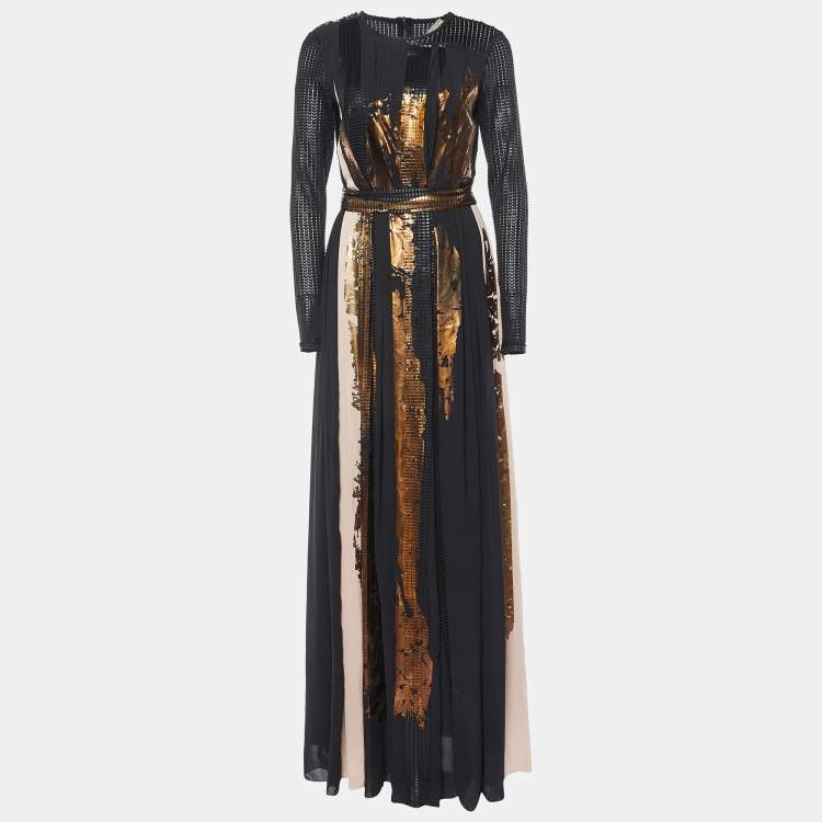 Pre Owned Bottega Veneta Black Printed & Textured Crepe Gown S