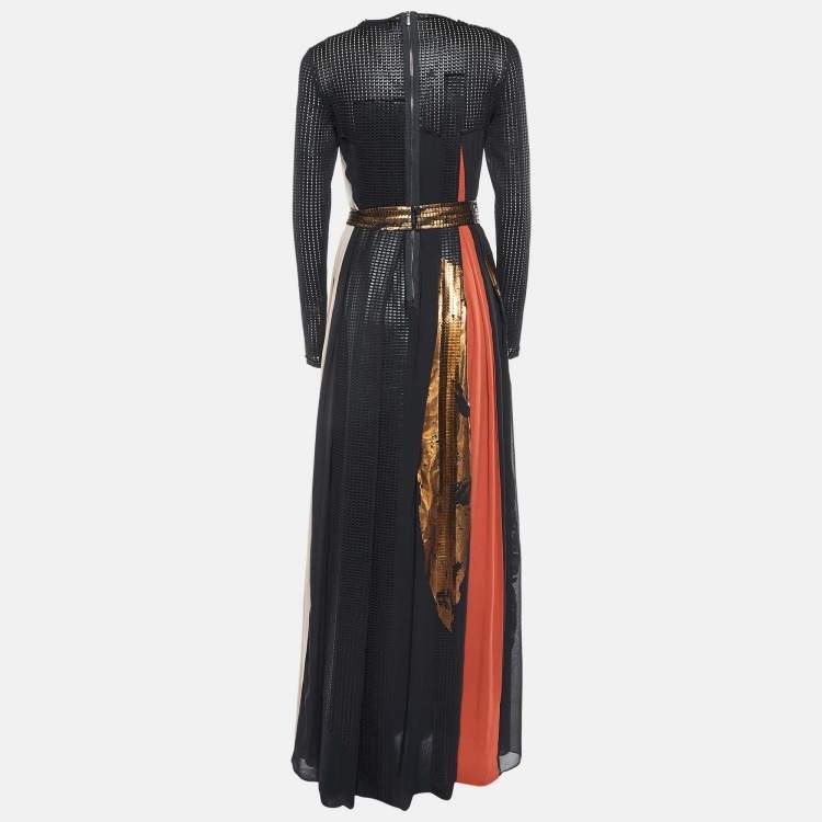 Pre Owned Bottega Veneta Black Printed & Textured Crepe Gown S