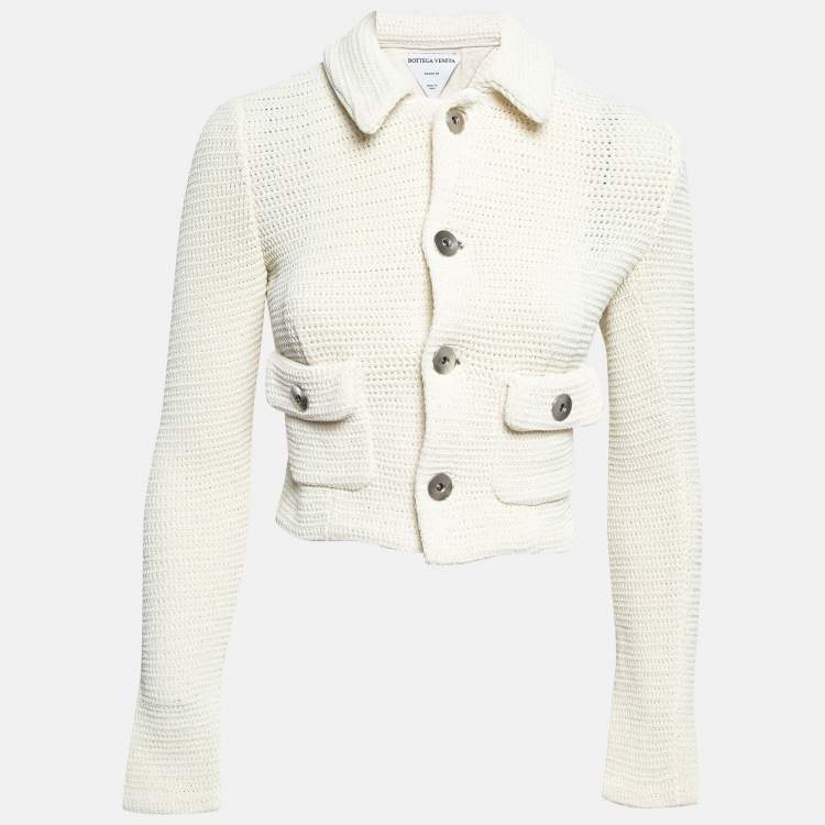 Pre Owned Bottega Veneta Off White Textured Knit Crop Jacket XS