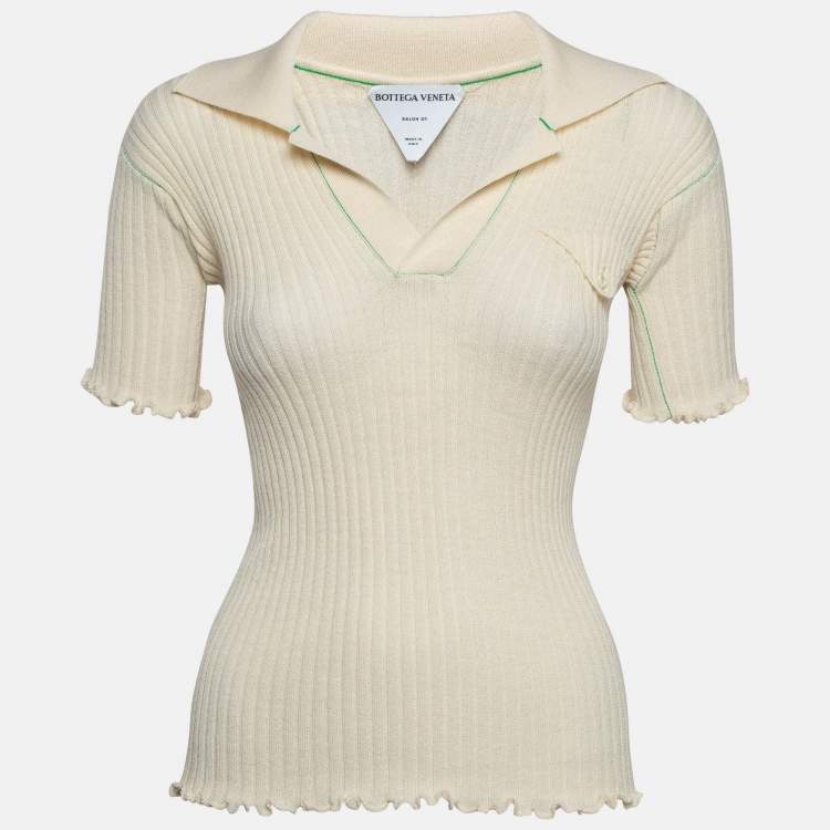 Pre Owned Bottega Veneta Cream Knit Tight Fit Polo T-Shirt XS