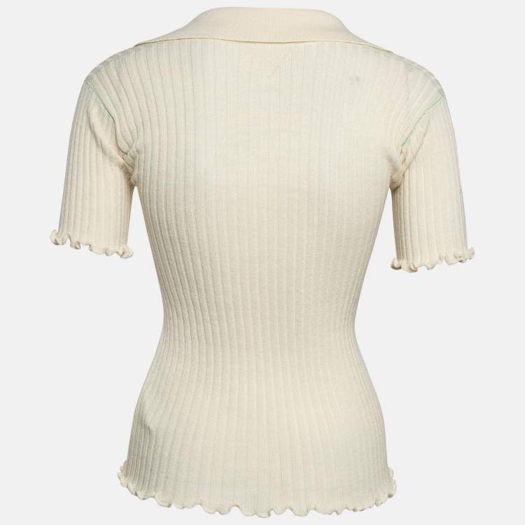 Pre Owned Bottega Veneta Cream Knit Tight Fit Polo T-Shirt XS