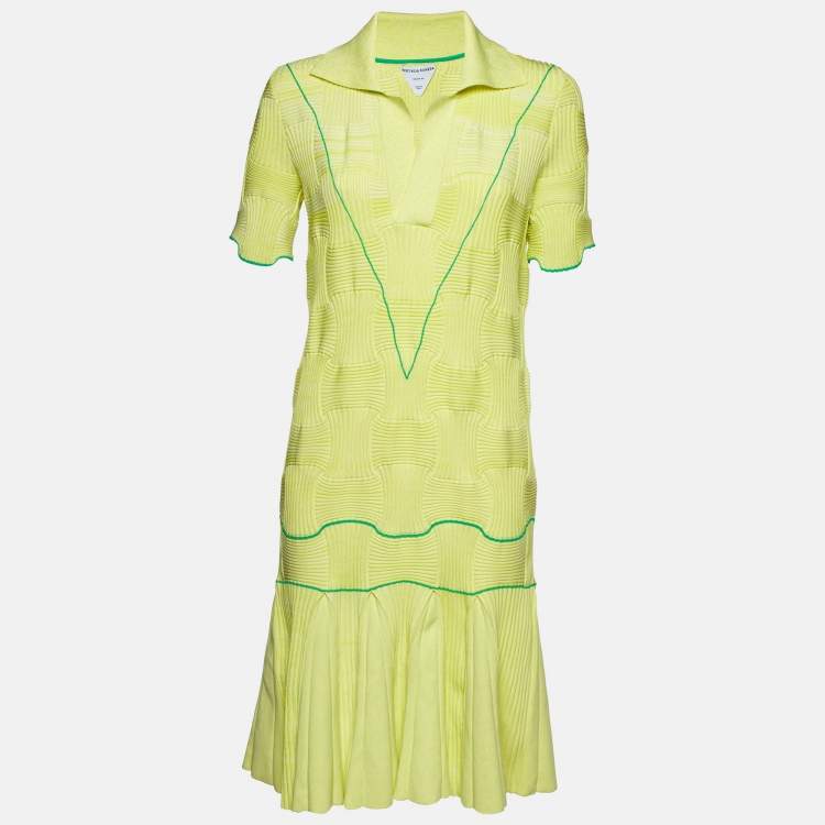 Pre Owned Bottega Veneta Yellow Intreccio Knit Midi Dress XL