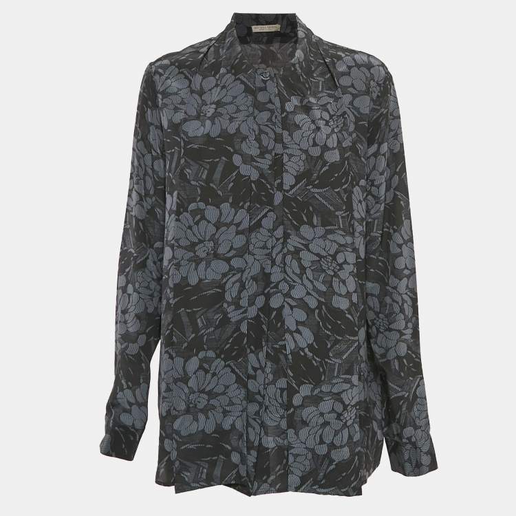 Pre Owned Bottega Veneta Blue/Black Printed Silk Tie-Up Collar Shirt M