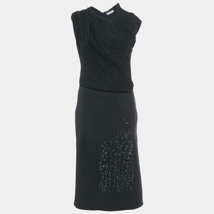 Pre Owned Bottega Veneta Black Wool & Patterned Knit Sleeveless Midi Dress M