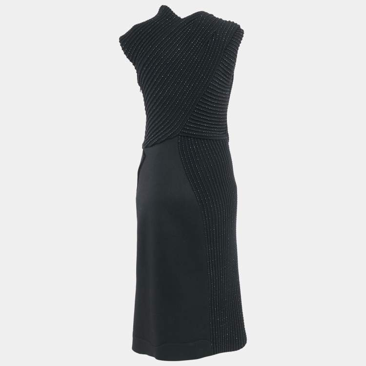 Pre Owned Bottega Veneta Black Wool & Patterned Knit Sleeveless Midi Dress M