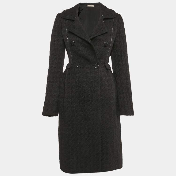 Pre Owned Bottega Veneta Black Jacquard Wool Blend Double Breasted Coat S