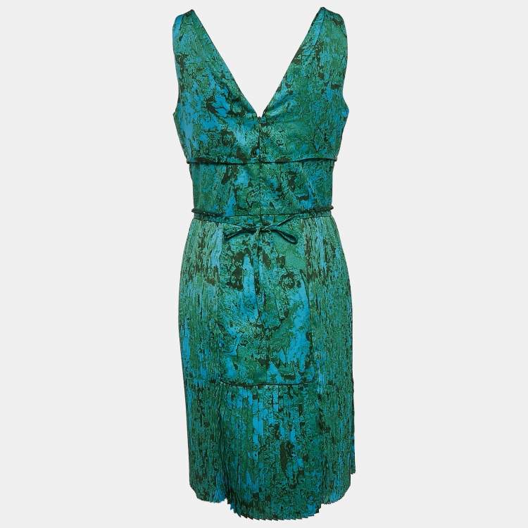 Pre Owned Bottega Veneta Blue/Green Marble Print Satin Plisse Short Dress M