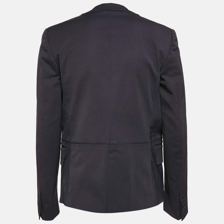 Pre Owned Bottega Veneta Navy Blue Printed Gabardine Single Breasted Blazer M