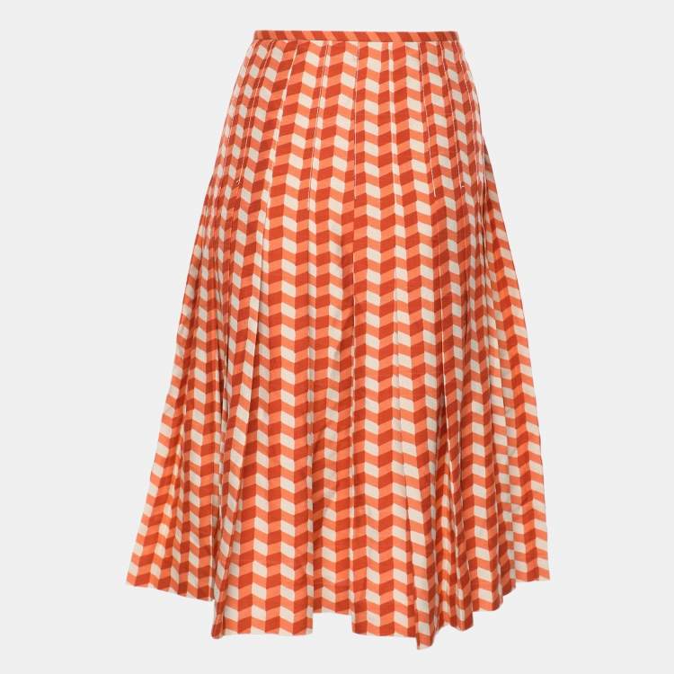 Pre Owned Bottega Veneta Orange Pattern Silk Midi Skirt M