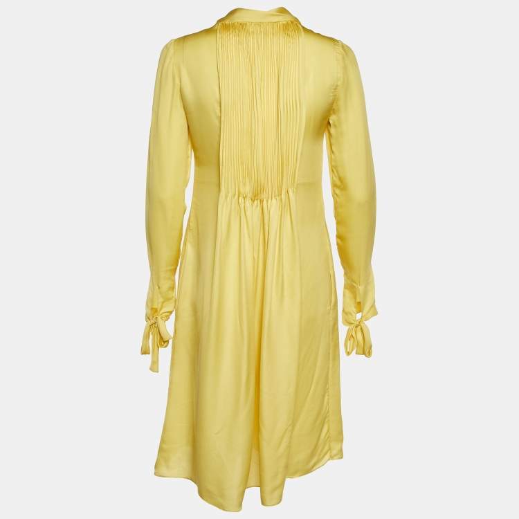 Pre Owned Bottega Veneta Yellow Silk Pleated Detail Tie Neck Dress M