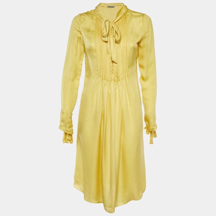 Pre Owned Bottega Veneta Yellow Silk Pleated Detail Tie Neck Dress M