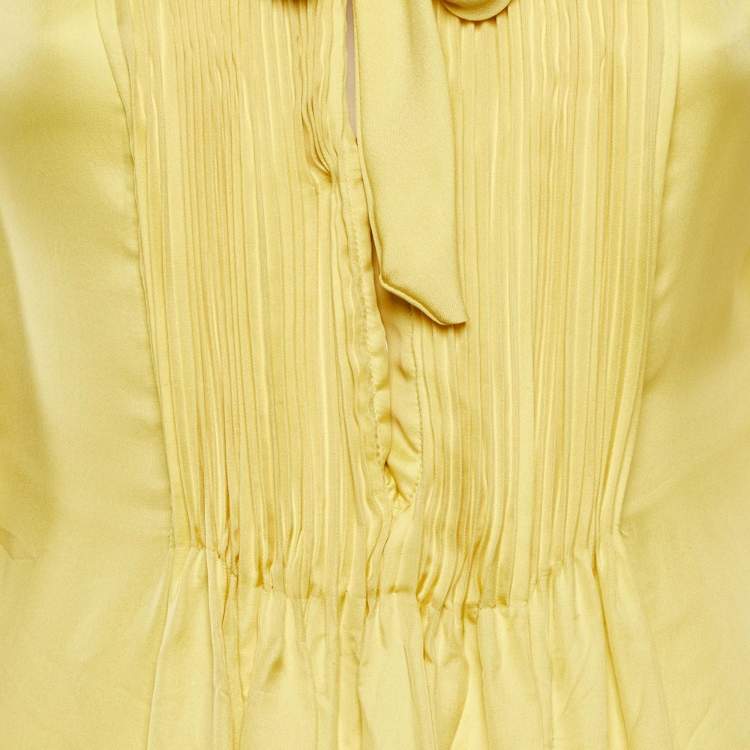Pre Owned Bottega Veneta Yellow Silk Pleated Detail Tie Neck Dress M