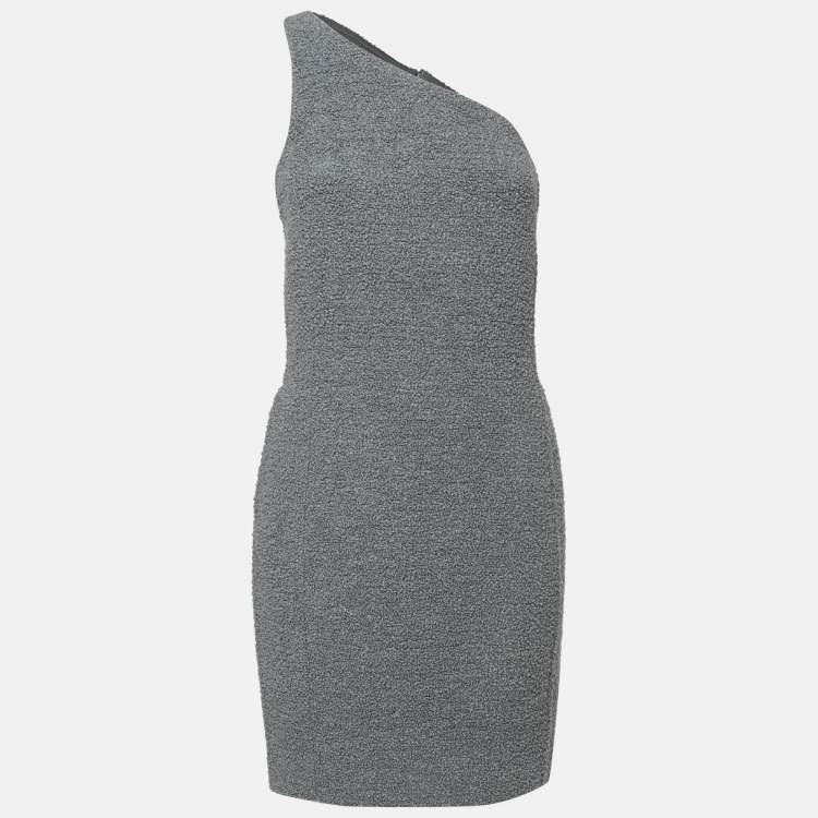 Pre Owned Bottega Veneta Grey Shearling One Shoulder Mini Dress S With Wool Fur Scarf