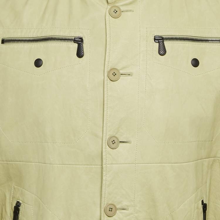 Pre Owned Bottega Veneta Green Leather Buttoned Jacket XL