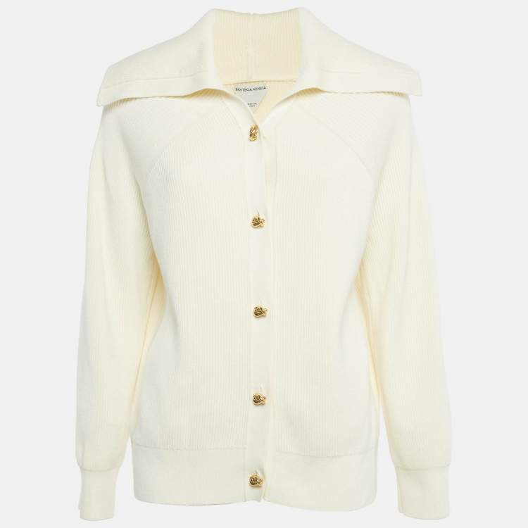 Pre Owned Bottega Veneta Cream Rib Knit Metal Knot Hardware Cardigan M