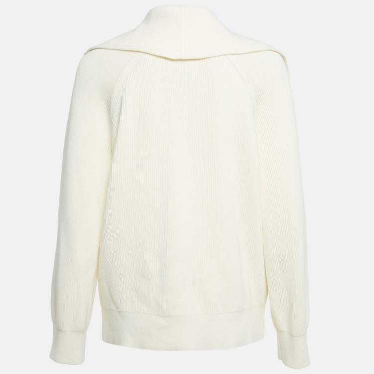 Pre Owned Bottega Veneta Cream Rib Knit Metal Knot Hardware Cardigan M