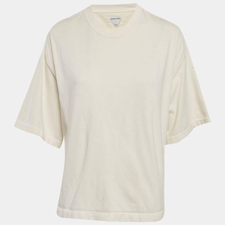 Pre Owned Bottega Veneta Off-White Cotton Knit Oversized Crop T-Shirt S