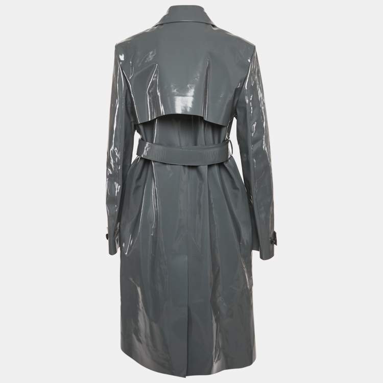 Pre Owned Bottega Veneta Grey High Shine Leather Belted Trench Coat S