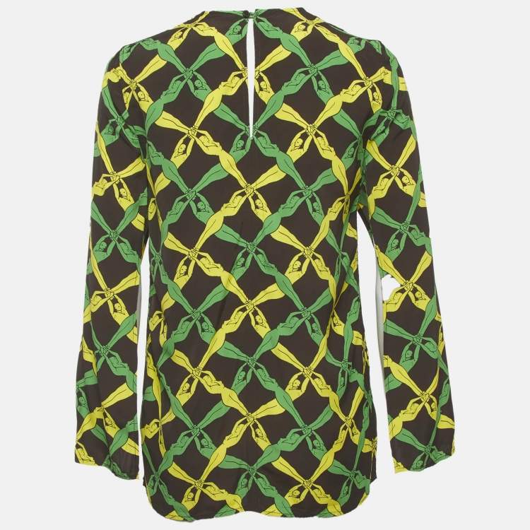 Pre Owned Bottega Veneta Black/Green Printed Crepe Blouse XS
