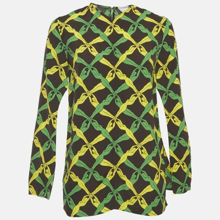 Pre Owned Bottega Veneta Black/Green Printed Crepe Blouse XS