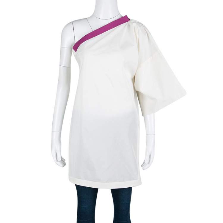 Pre Owned Bottega Veneta Cream and Purple One Shoulder Tunic Top M