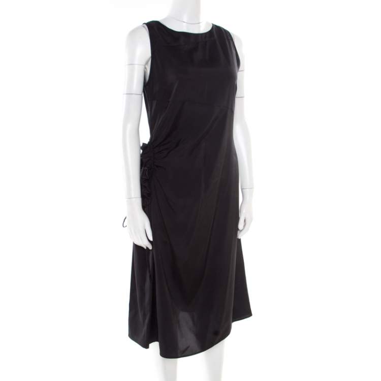 Pre Owned Bottega Veneta Black Asymmetric Ruffle Draped Sleeveless Shift Dress S