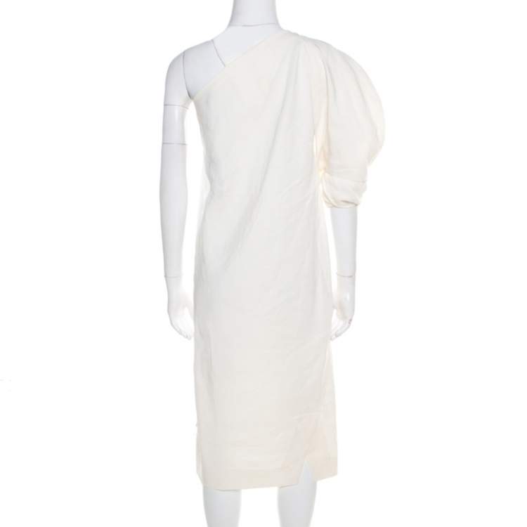 Pre Owned Bottega Veneta Cream Linen Silk One Shoulder Shift Dress S