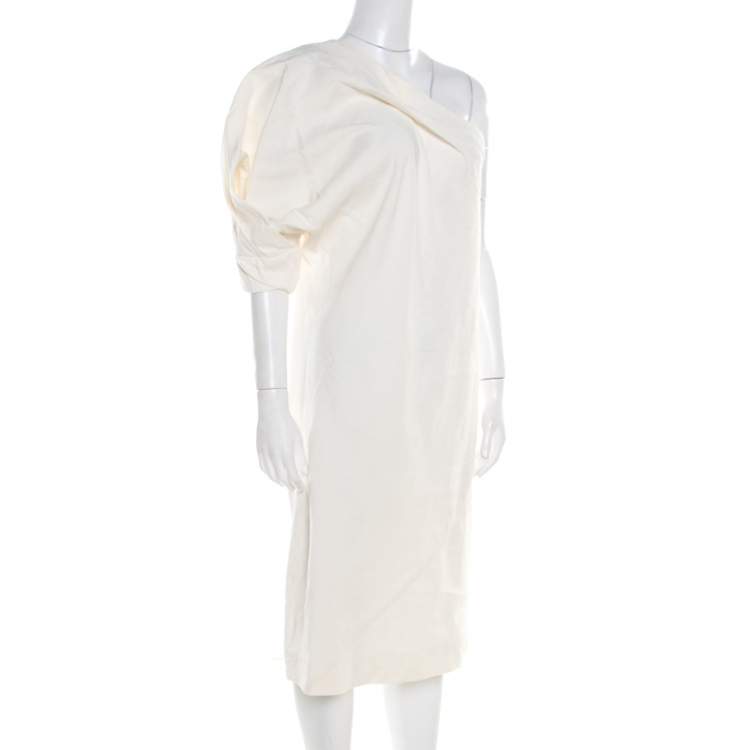 Pre Owned Bottega Veneta Cream Linen Silk One Shoulder Shift Dress S