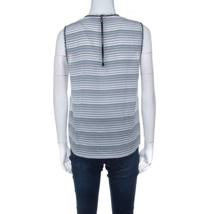 Pre Owned Bottega Veneta Black White and Blue Geometric Printed Silk Sleeveless Top S 