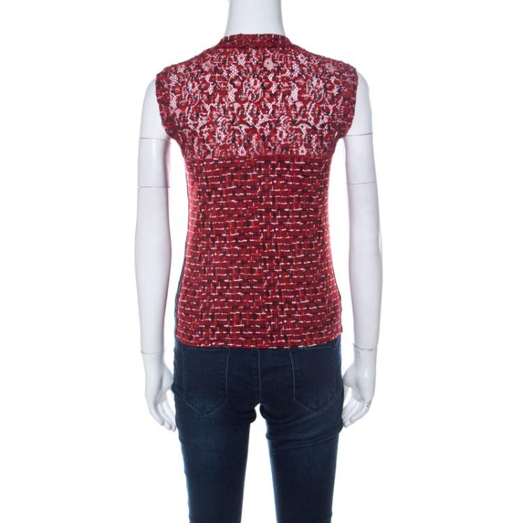 Pre Owned Bottega Veneta Red Microsquare Printed Cotton and Lace Yoke Sleeveless Top S 
