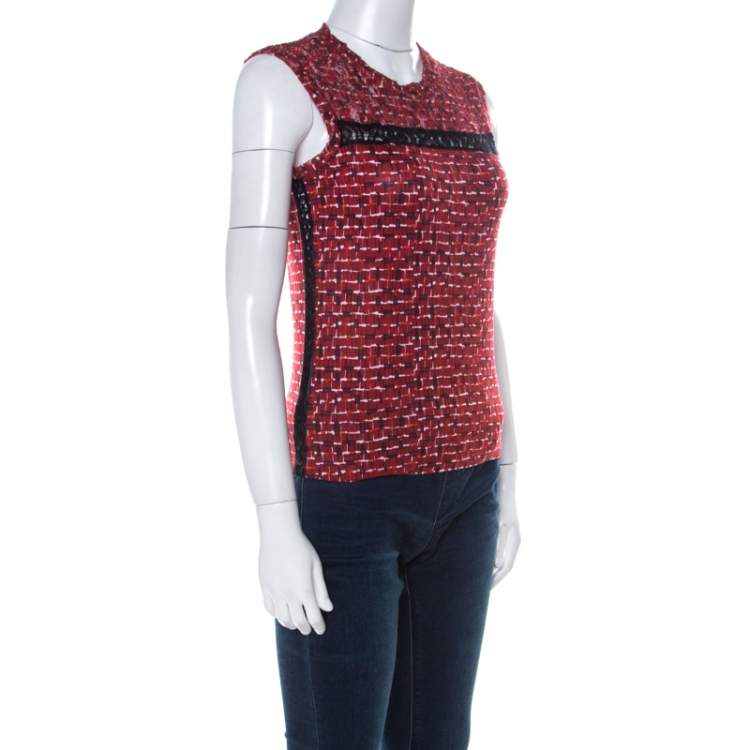 Pre Owned Bottega Veneta Red Microsquare Printed Cotton and Lace Yoke Sleeveless Top S 