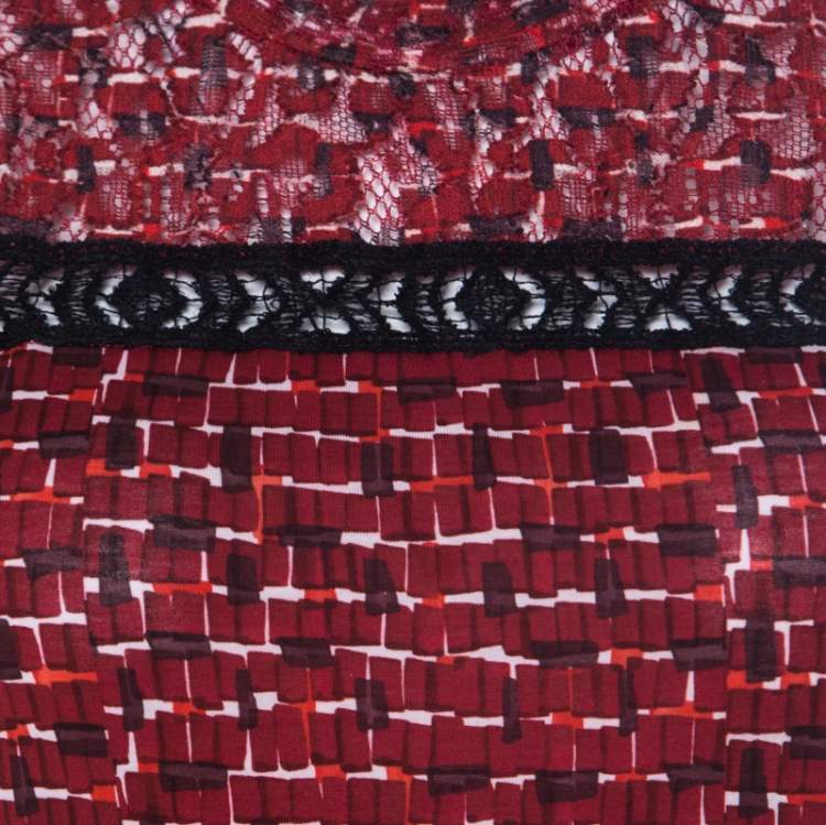 Pre Owned Bottega Veneta Red Microsquare Printed Cotton and Lace Yoke Sleeveless Top S 
