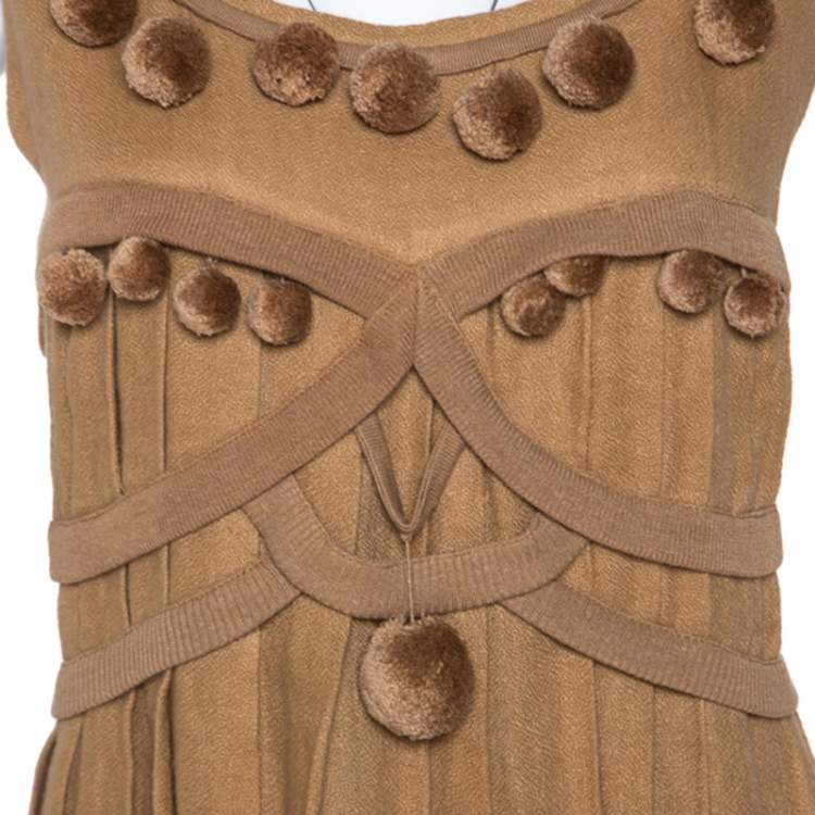 Pre Owned Bottega Veneta Camel Beige Linen Pom Pom Detail Pleated Dress L