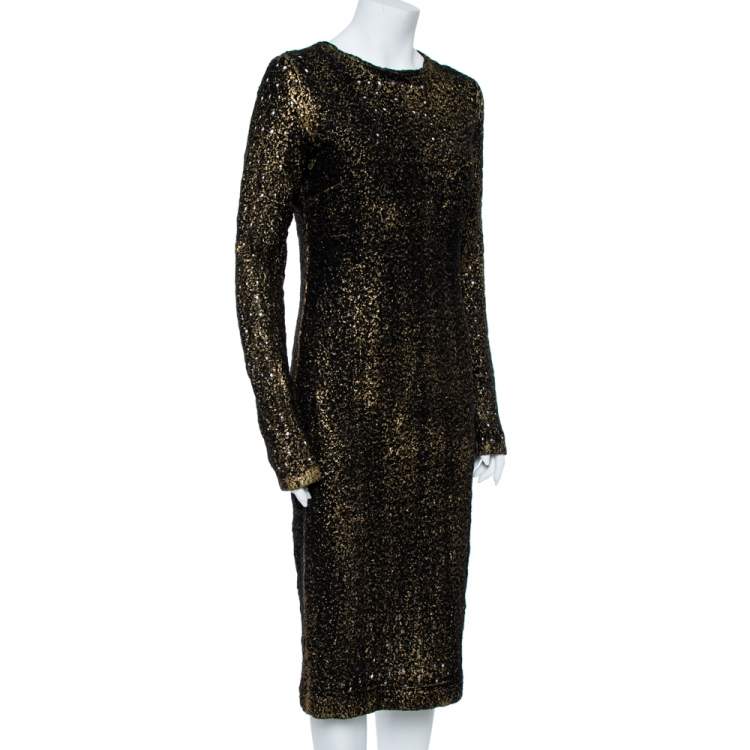 Pre Owned Bottega Veneta Black Foil Print Wool Midi Sheath Dress M
