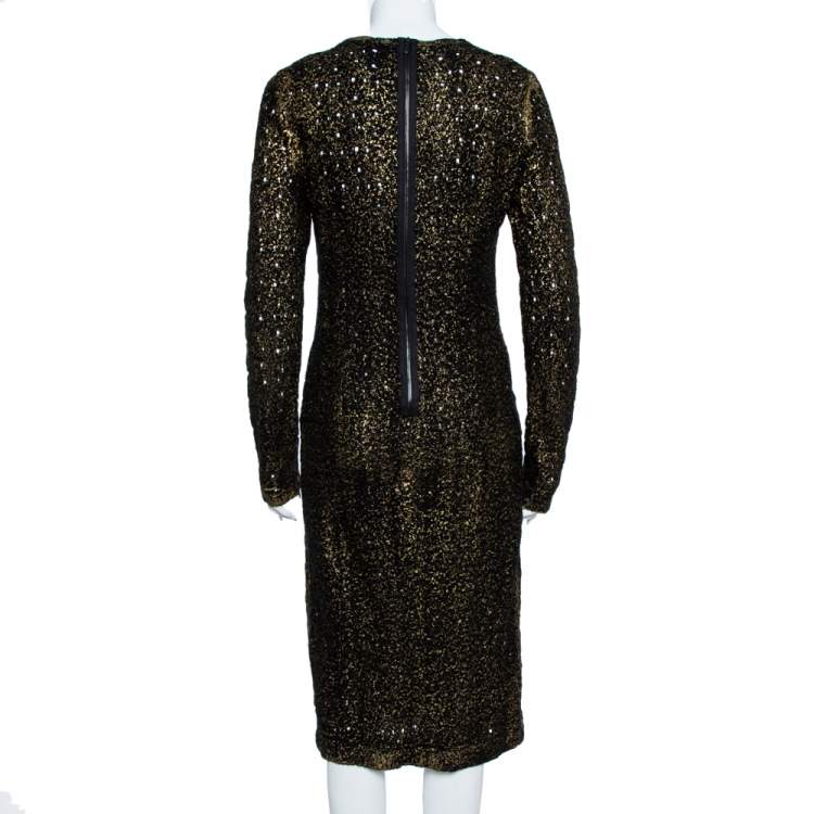 Pre Owned Bottega Veneta Black Foil Print Wool Midi Sheath Dress M