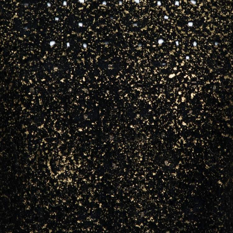 Pre Owned Bottega Veneta Black Foil Print Wool Midi Sheath Dress M