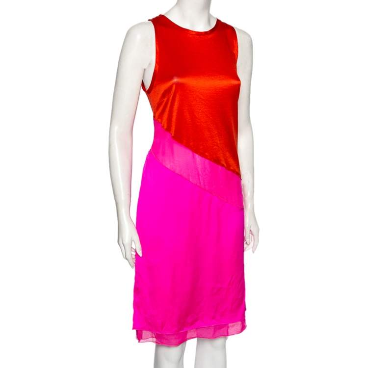 Pre Owned Bottega Veneta Pink & Orange Silk Asymmetrical Mesh Inset Short Dress M
