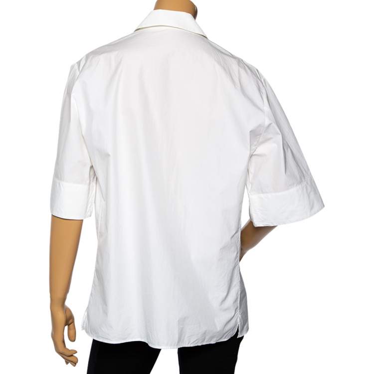Pre Owned Bottega Veneta White Cotton Open Front Short Sleeve Shirt M