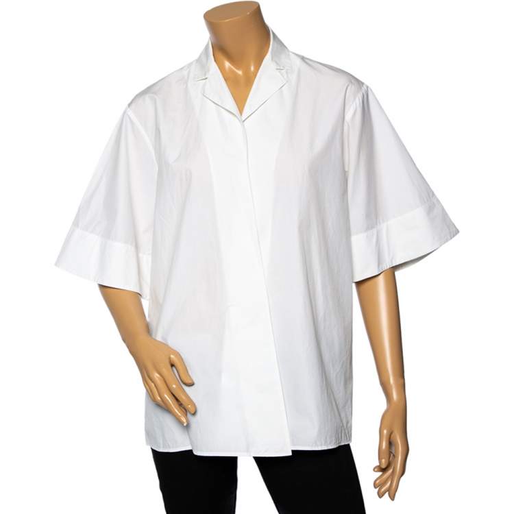 Pre Owned Bottega Veneta White Cotton Open Front Short Sleeve Shirt M