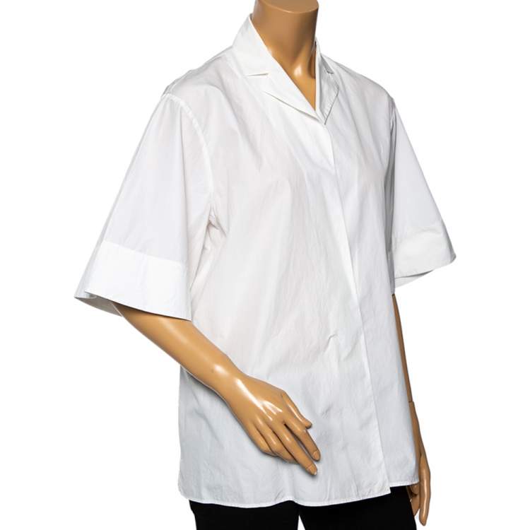 Pre Owned Bottega Veneta White Cotton Open Front Short Sleeve Shirt M