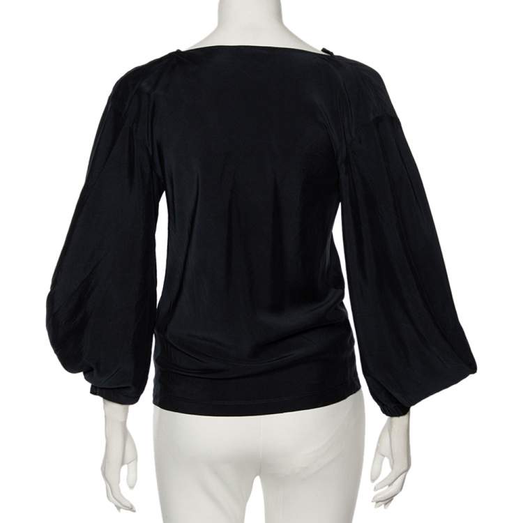 Pre Owned Bottega Veneta Navy Blue Silk Draped Neck Detail Billowed Sleeve Blouse S