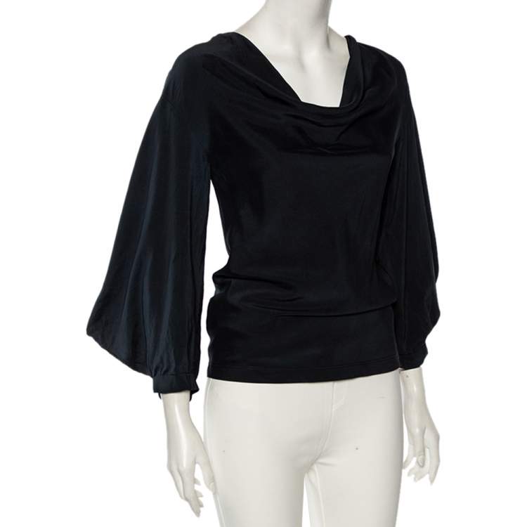 Pre Owned Bottega Veneta Navy Blue Silk Draped Neck Detail Billowed Sleeve Blouse S