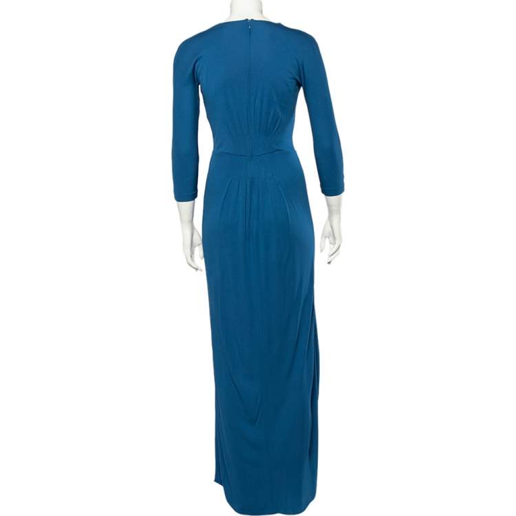 Pre Owned Bottega Veneta Blue Crepe V-Neck Long Sleeve Maxi Dress S