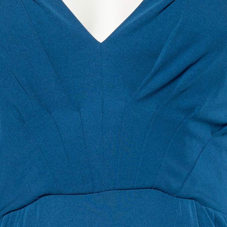 Pre Owned Bottega Veneta Blue Crepe V-Neck Long Sleeve Maxi Dress S