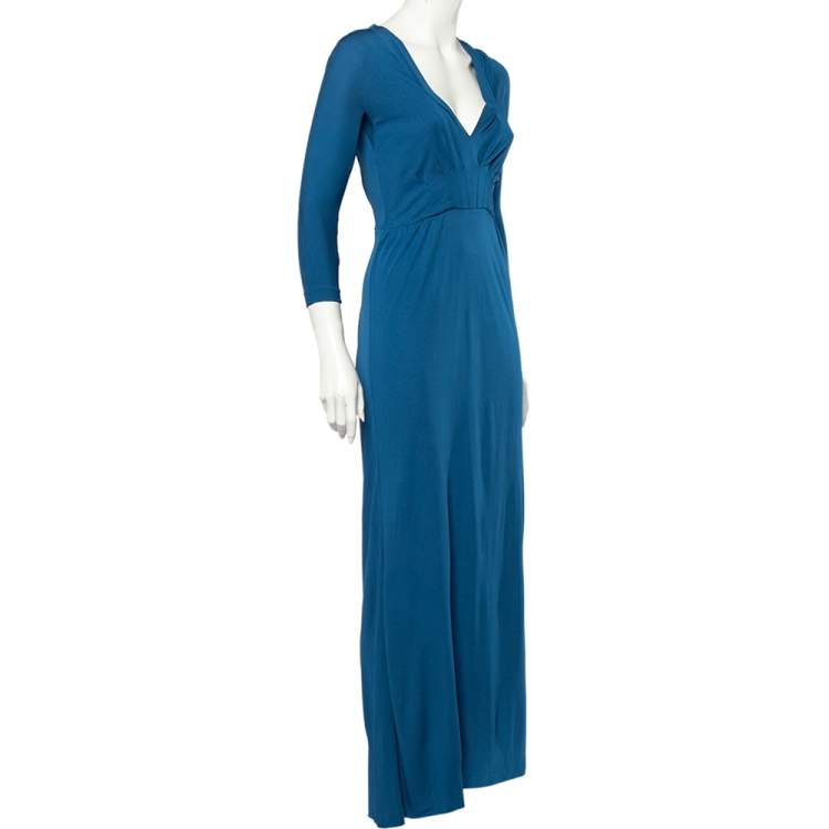 Pre Owned Bottega Veneta Blue Crepe V-Neck Long Sleeve Maxi Dress S